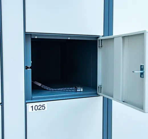 An open locker labeled 1025 with an open door reveals a coiled metal cable lock inside.